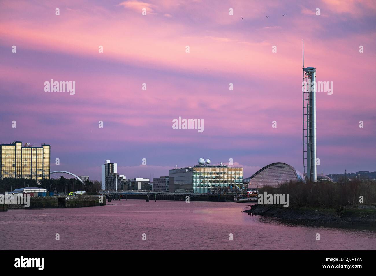 purple sky sunset on the river clyde ,Glasgow , Riverside museum Stock Photo
