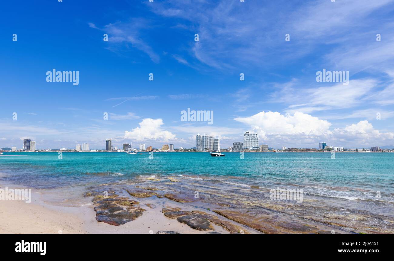 Mexico, panoramic skyline of Mazatlan condos, hotels and Malecon from Deer Island, Isla de Venados. Stock Photo