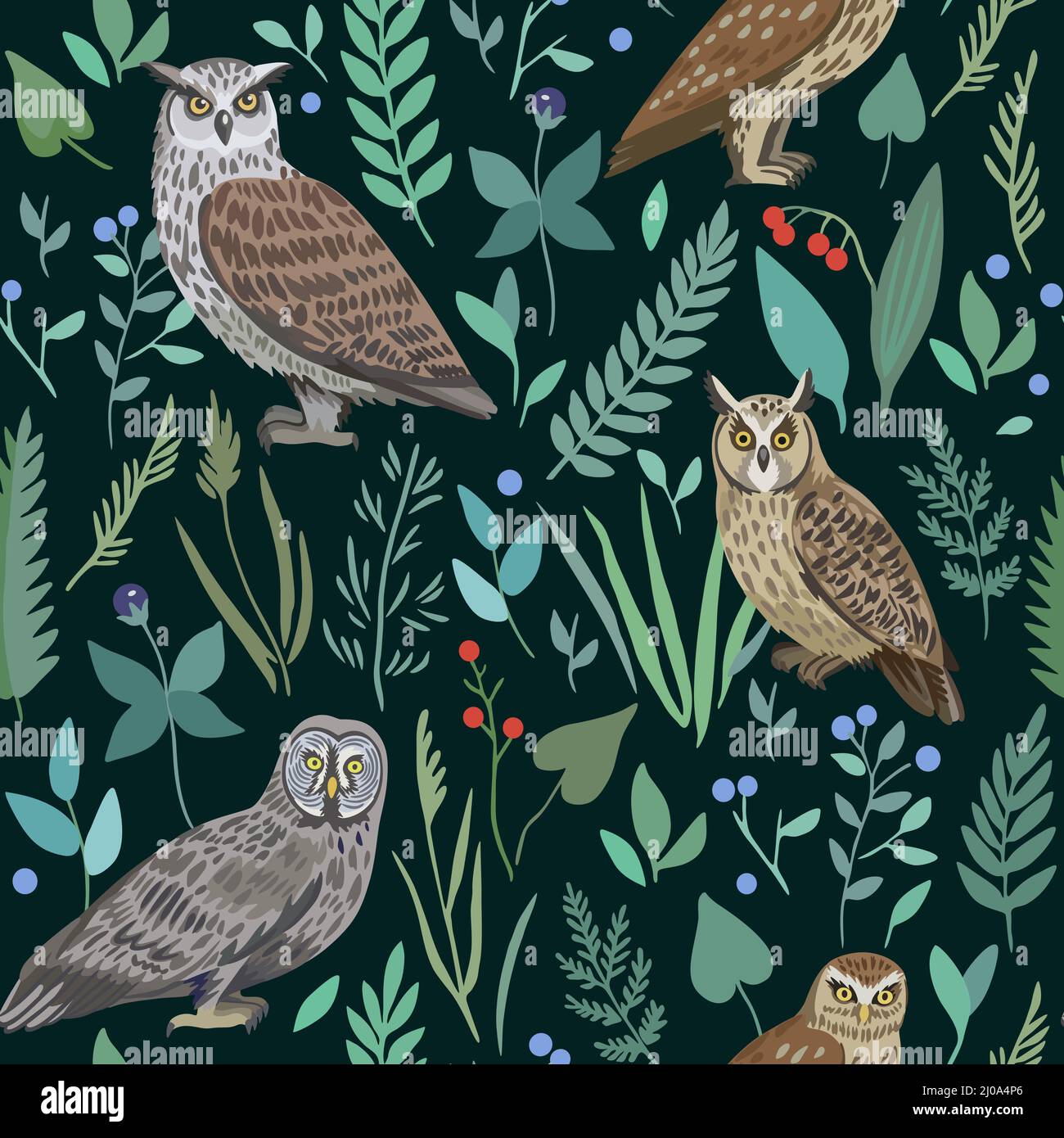 Seamless pattern with cute owls and forest plants and berries for ...