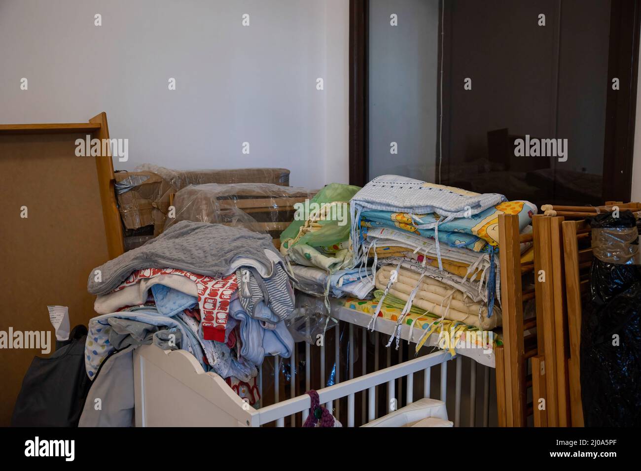 Krakow, Poland. 17th Mar, 2022. Clean baby clothes and blankets are