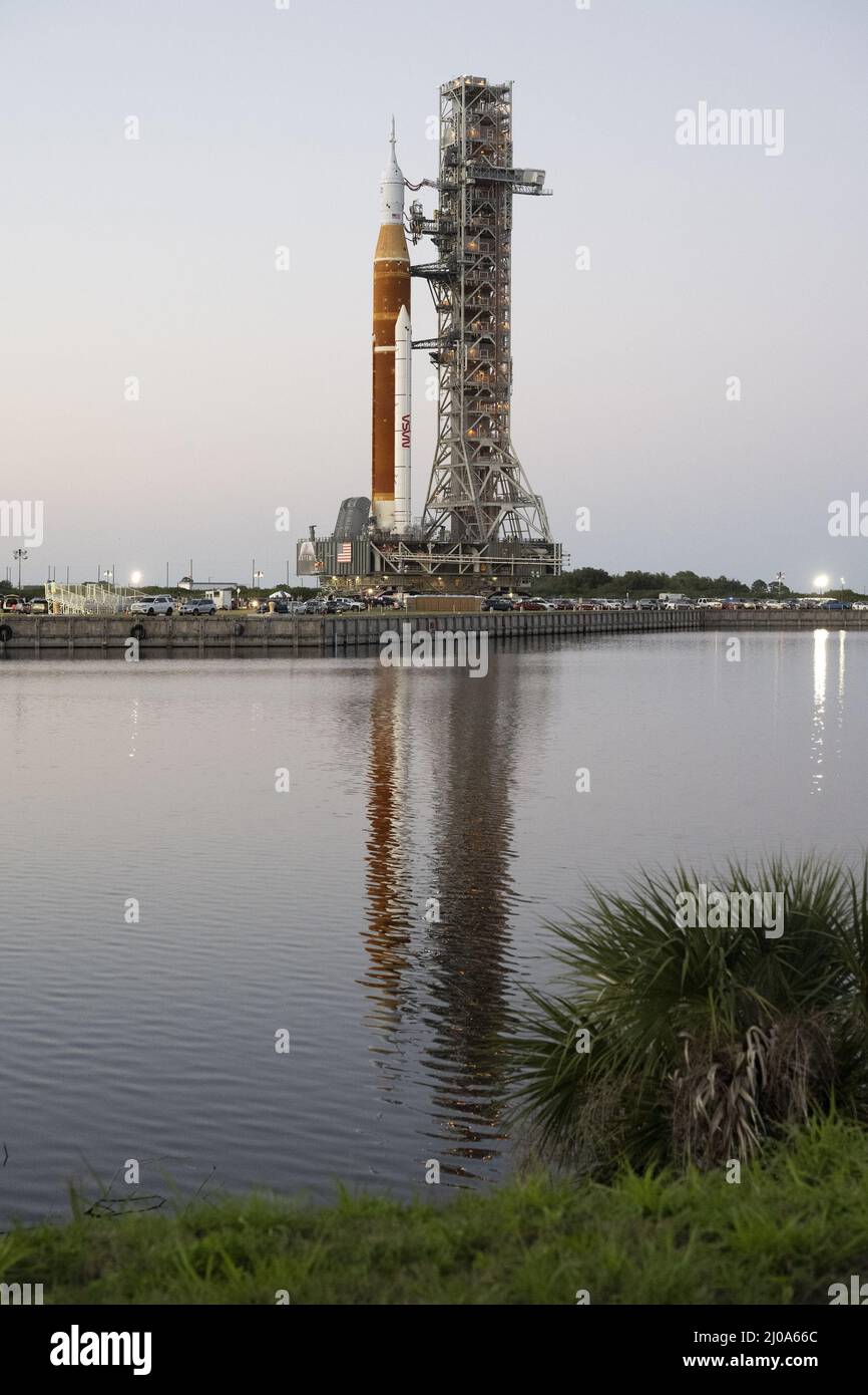 Florida, USA. 17th Mar, 2022. NASA's first Space Launch System (SLS) rocket and Orion spacecraft roll from the Vehicle Assembly Building toward Launch Complex 39B on Thursday, March 17, 2022. SLS will be used to launch crews to the moon and beyond in the Agency's Artemis Program. Credit: UPI/Alamy Live News Stock Photo
