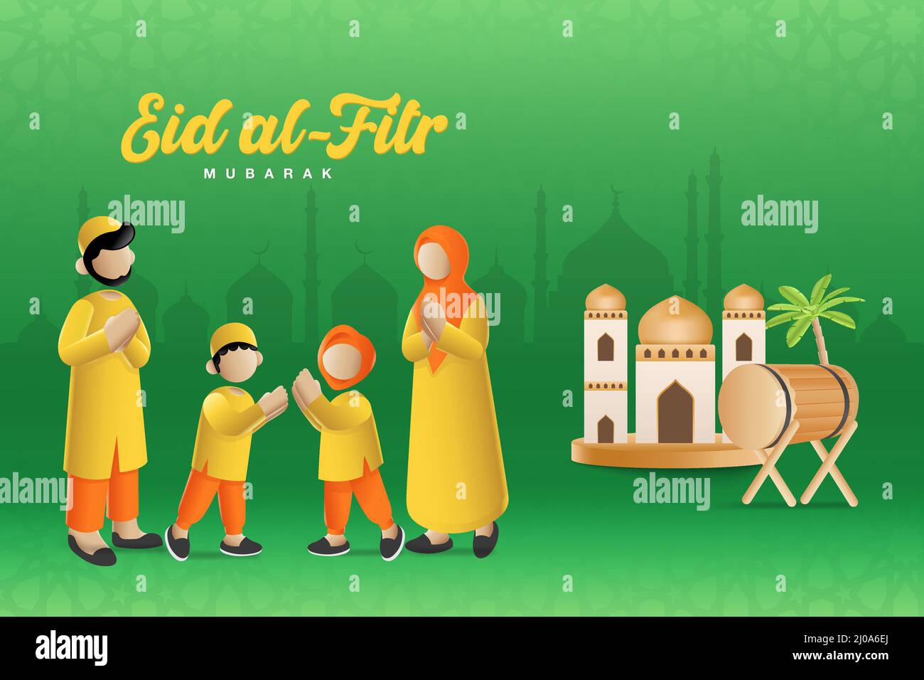 Eid Al Fitr Mubarak. Cartoon Muslim Family Blessing Eid Al Fitr With ...