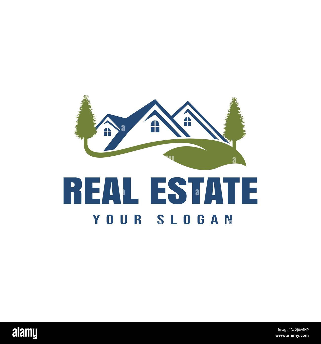 Pine tree house design logo, vector illustration of a pine tree that blends with the image of a house, real estate Stock Vector