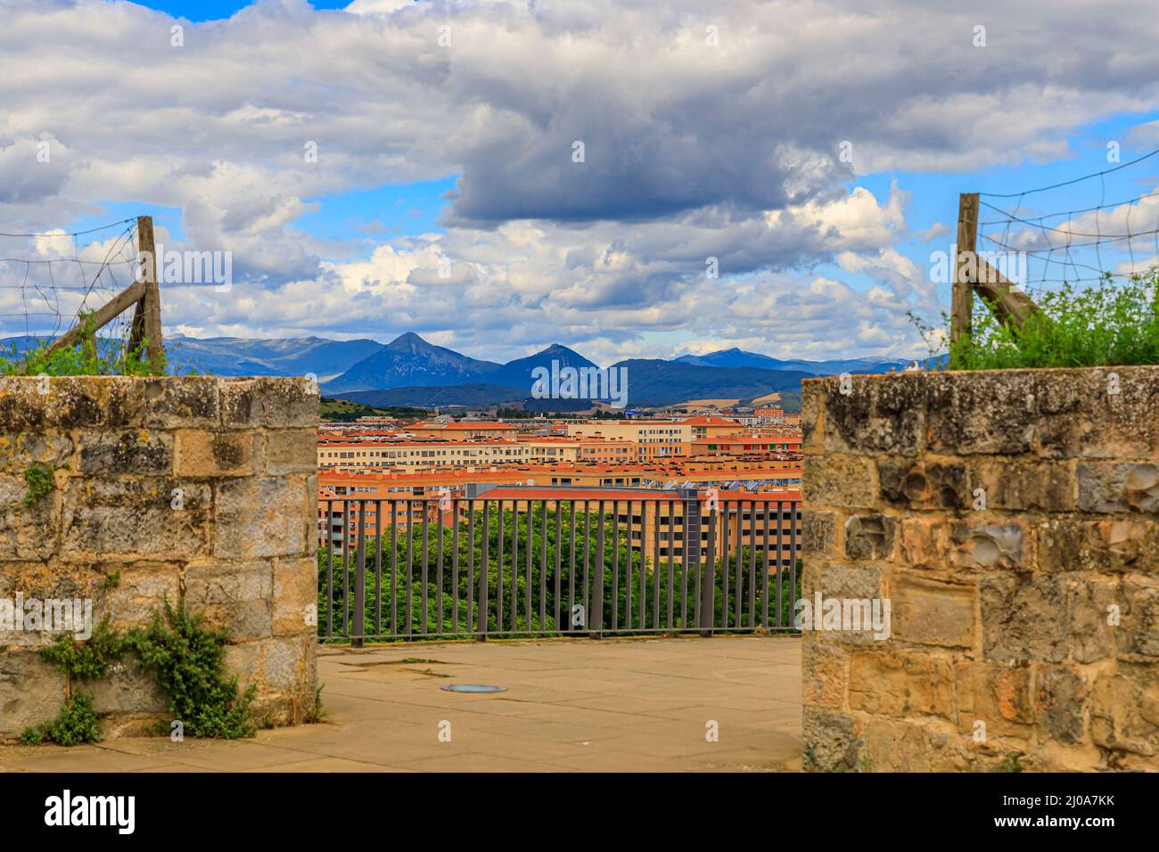 Walls of the citadel, medieval fortifications with a view of a residential district in Pamplona, Navarra, Spain famous for the running of the bulls Stock Photo