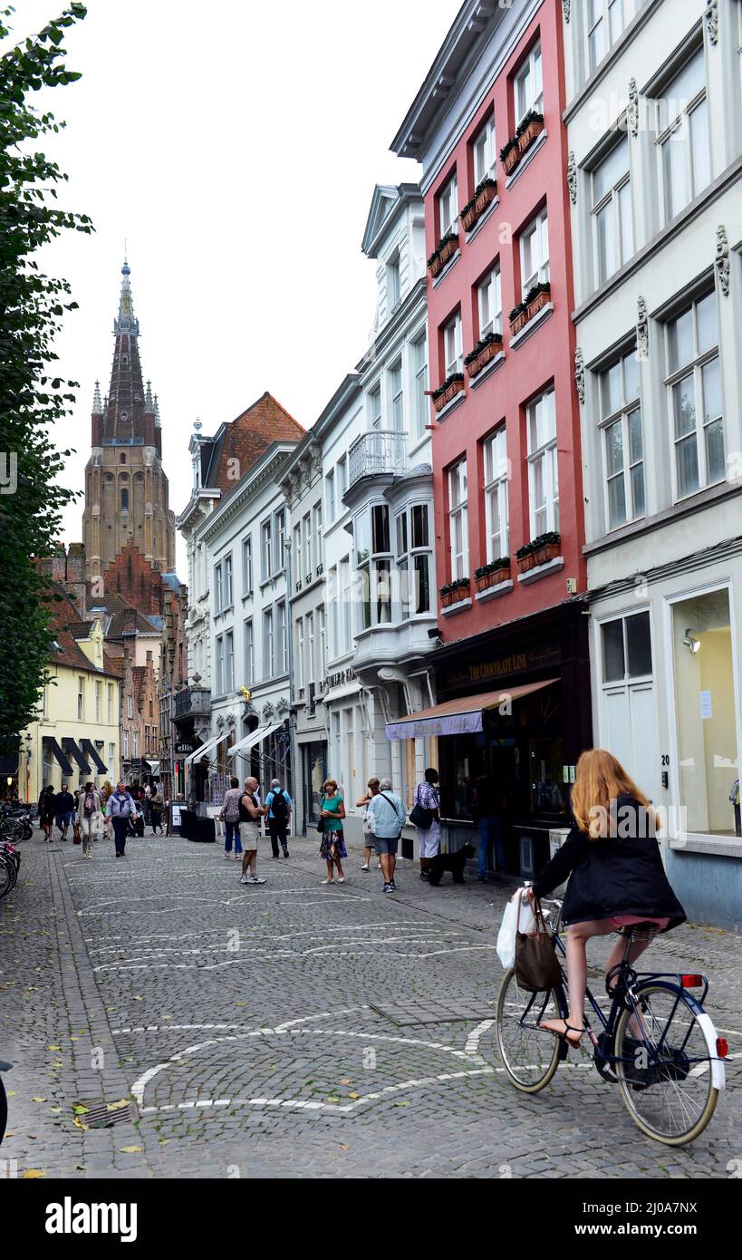 The vibrant Simon Stevinplein street in the historical center of Bruges, Belgium. Stock Photo