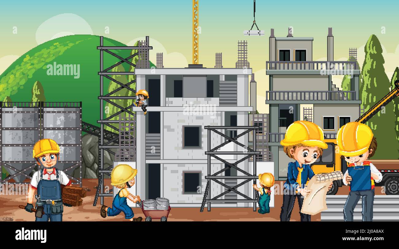 Building house construction site and workers illustration Stock Vector ...
