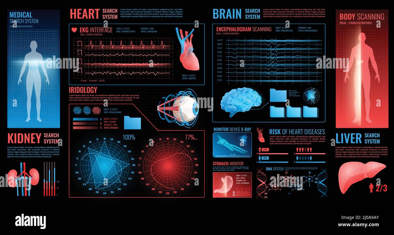 Medical dark interface elements with brain kidney and heart search system symbols flat isolated vector illustration Stock Vector