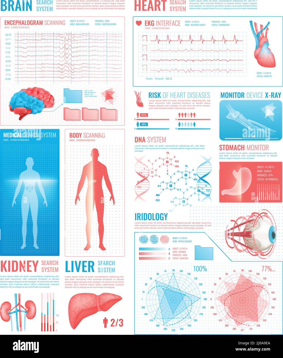 Medical interface elements with body scanning brain and heart search system symbols flat isolated vector illustration Stock Vector