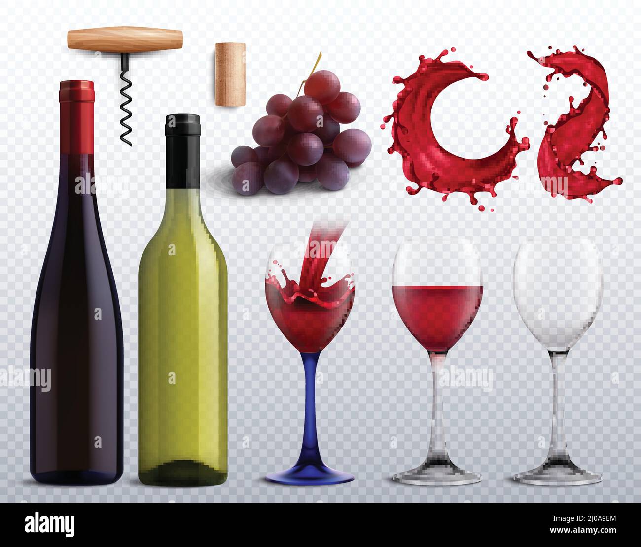 Wine realistic transparent set with grapes and glass isolated vector ...