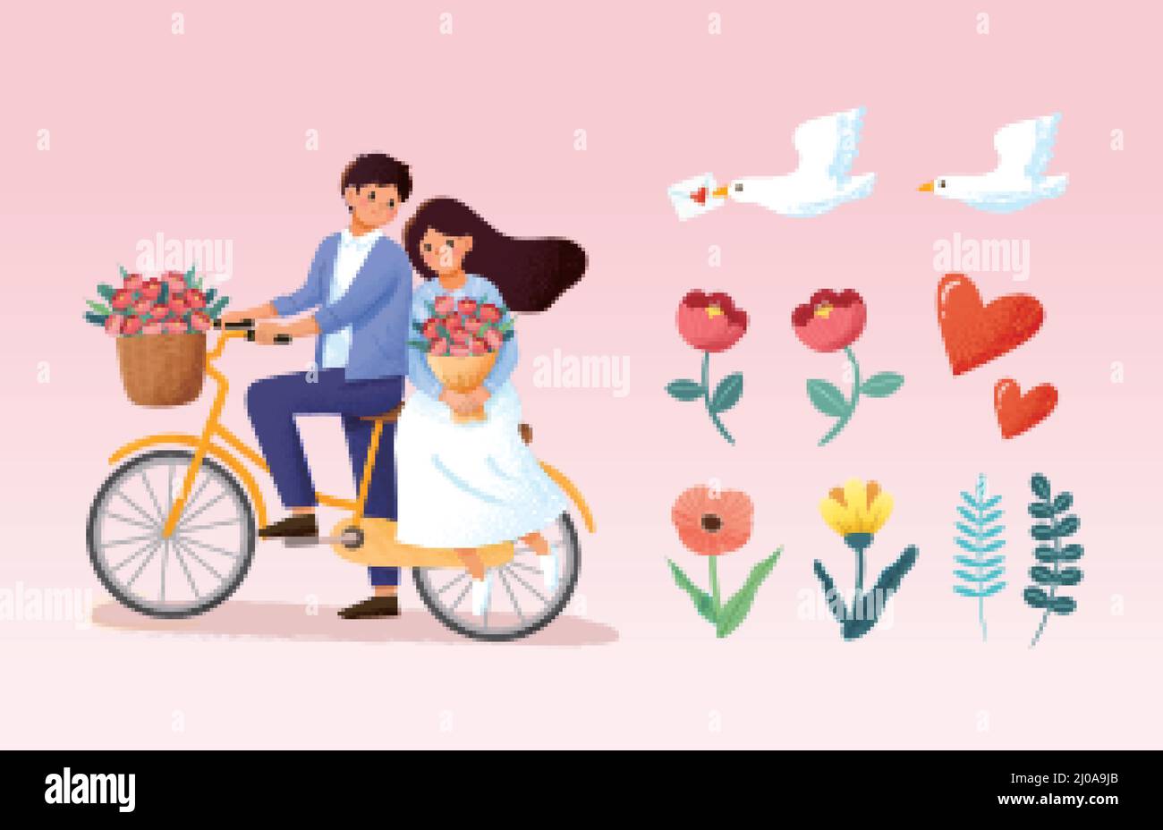 Biking couple elements. Illustration of a lovey dovey couple riding on a bike, natural plants, and doves sending a love letter Stock Vector