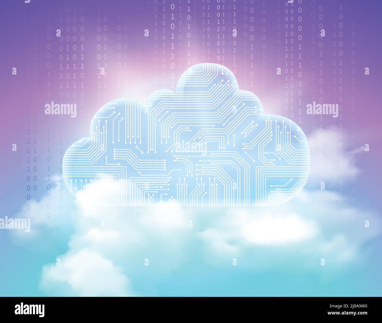 Safe data storage service shining electronic circuits cloud symbol above realistic sky radiant colorful background vector illustration Stock Vector