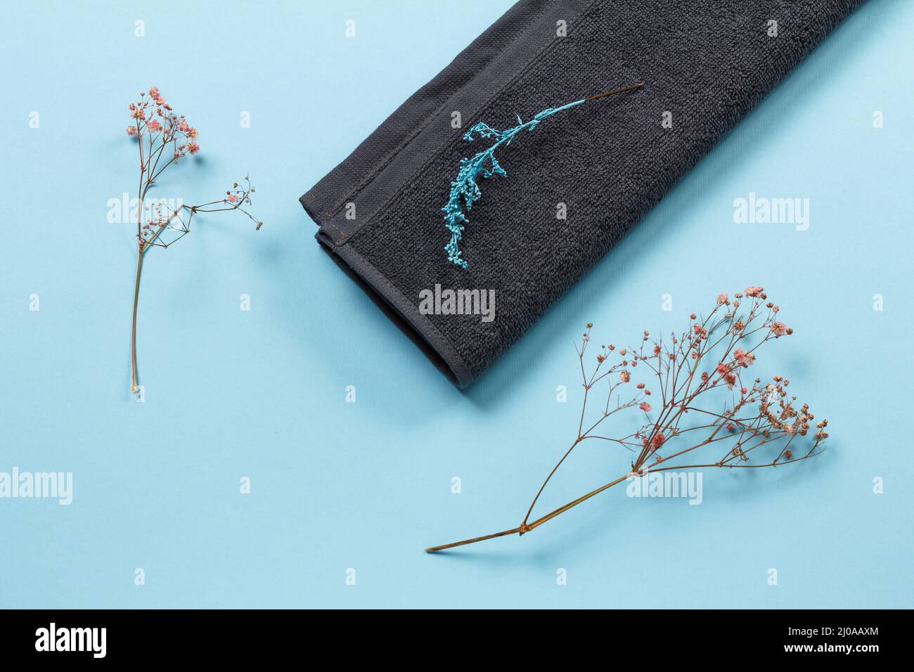 Soft terry towel with decorative branches on the blue background. Spa products. Top view. Stock Photo