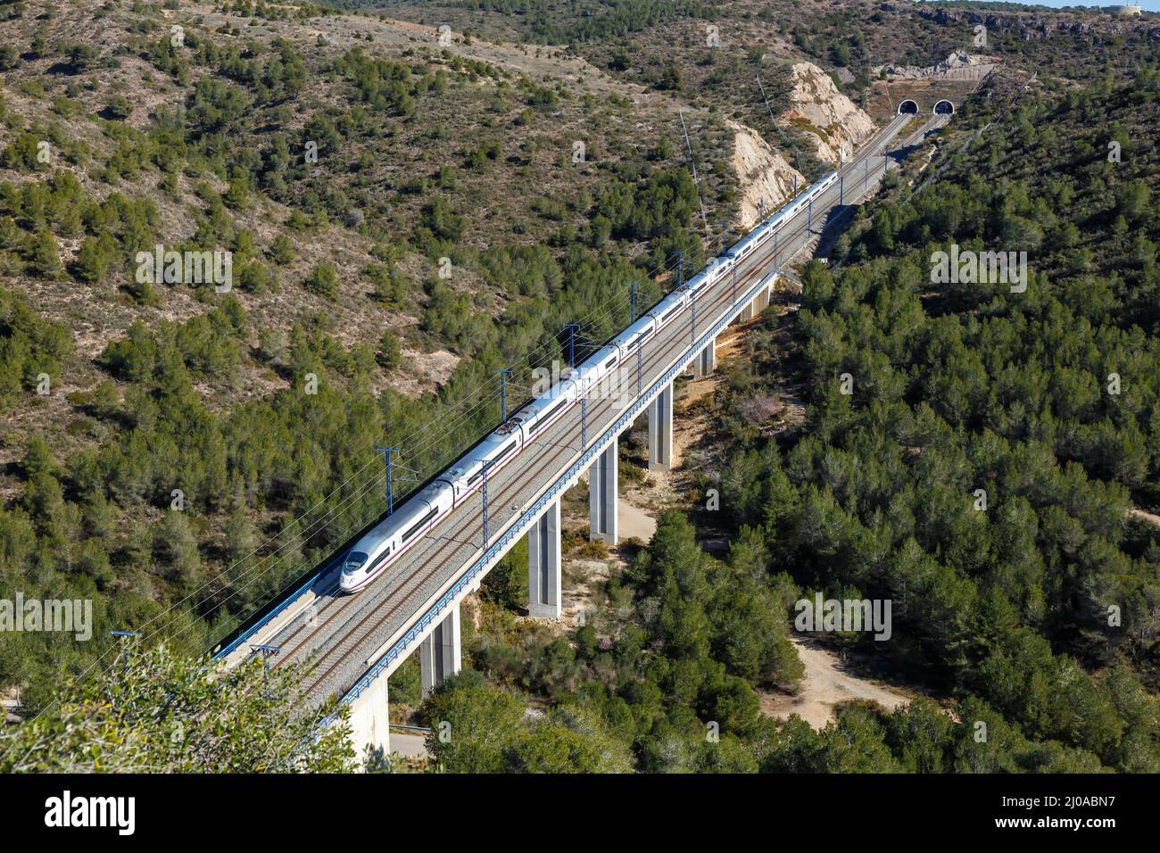 Roda de Bera, Spain February 20, 2022 AVE Siemens Velaro highspeed