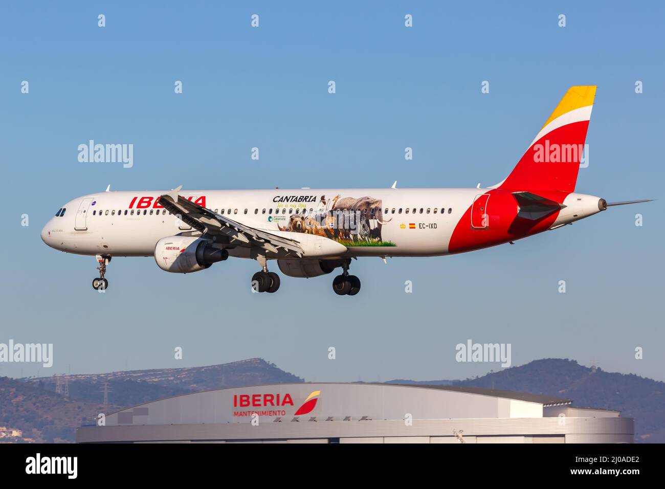 Barcelona, Spain - February 21, 2022: Iberia Airbus A321 airplane with the Cantabria special livery at Barcelona airport (BCN) in Spain. Stock Photo