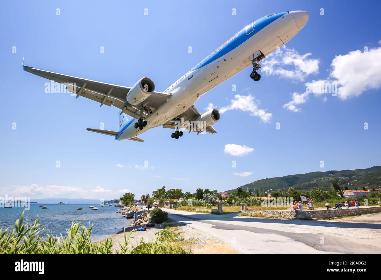 Skiathos, Greece - June 23, 2015: Thomson Boeing 757-200 airplane at Skiathos airport (JSI) in Greece. Stock Photo