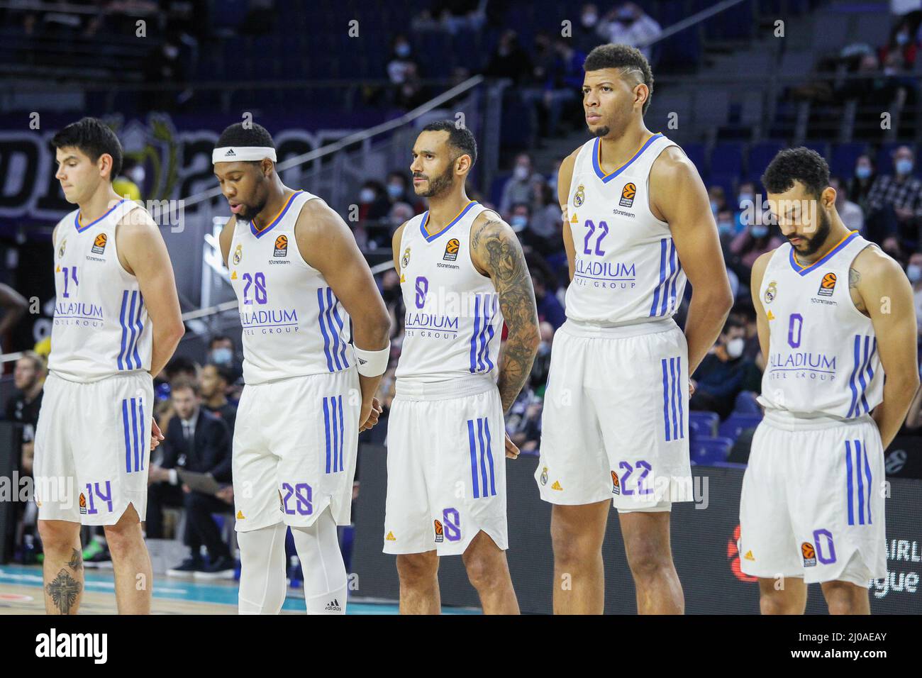Madrid, Spain. 17th Mar, 2022. Gabriel Deck, Guerschon Yabusele, Adam Hanga, Walter Samuel Tavares da Veiga and Williams-Goss of Real Madrid during the Turkish Airlines Euroleague basketball match between Real Madrid and Asvel Lyon-Villeurbanne on march 17, 2022 at Wizink Center in Madrid, Spain Credit: Independent Photo Agency/Alamy Live Newss Stock Photo