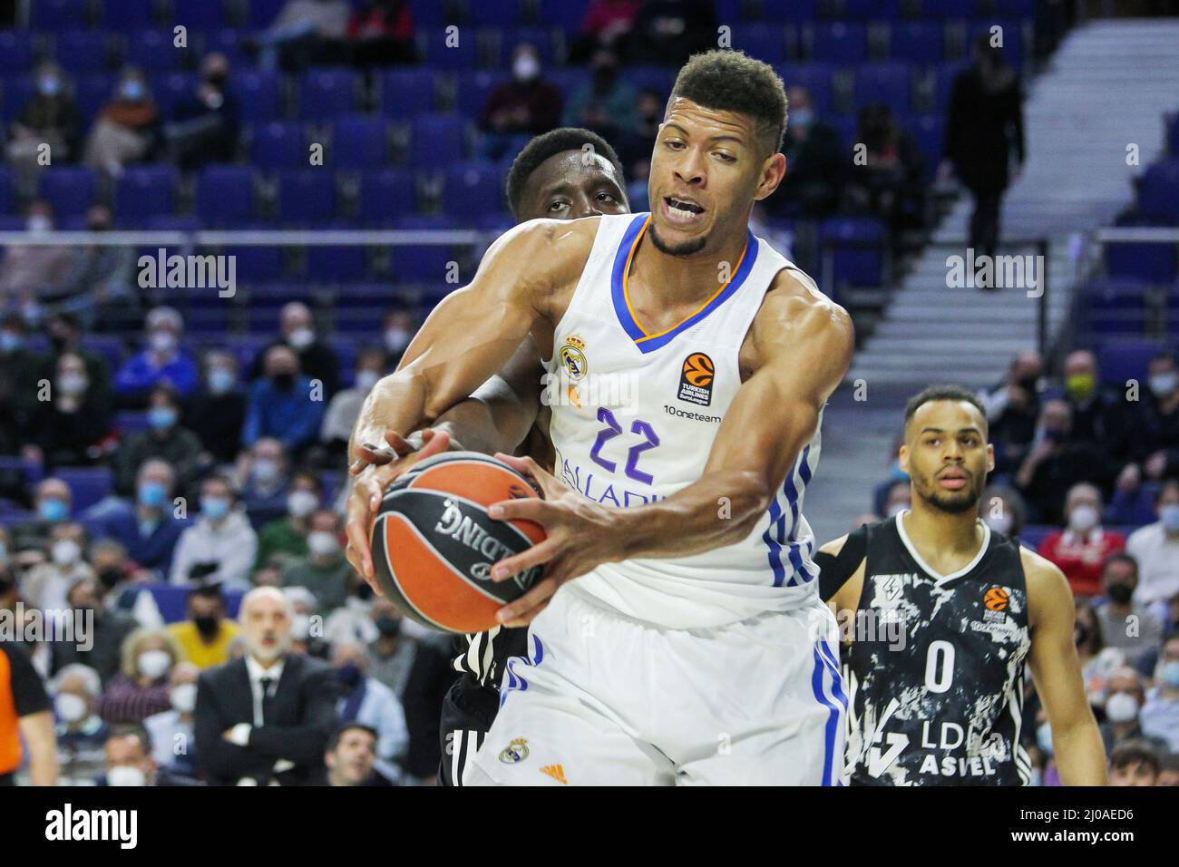 Madrid, Spain. 17th Mar, 2022. Youssoupha Birima Fall of Asvel Lyon-Villeurbanne and Walter Samuel Tavares da Veiga of Real Madrid during the Turkish Airlines Euroleague basketball match between Real Madrid and Asvel Lyon-Villeurbanne on march 17, 2022 at Wizink Center in Madrid, Spain Credit: Independent Photo Agency/Alamy Live Newss Stock Photo
