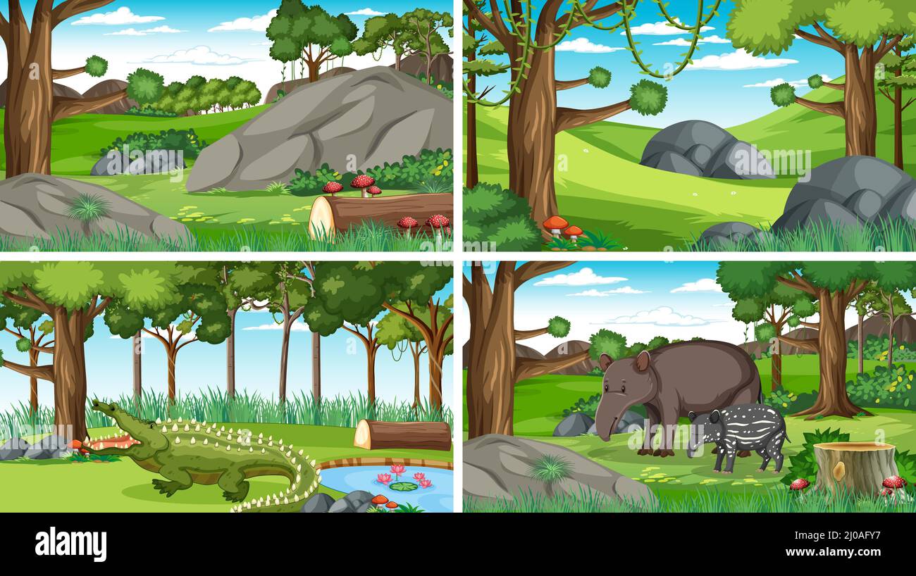 Different forest scenes with wild animals illustration Stock Vector ...