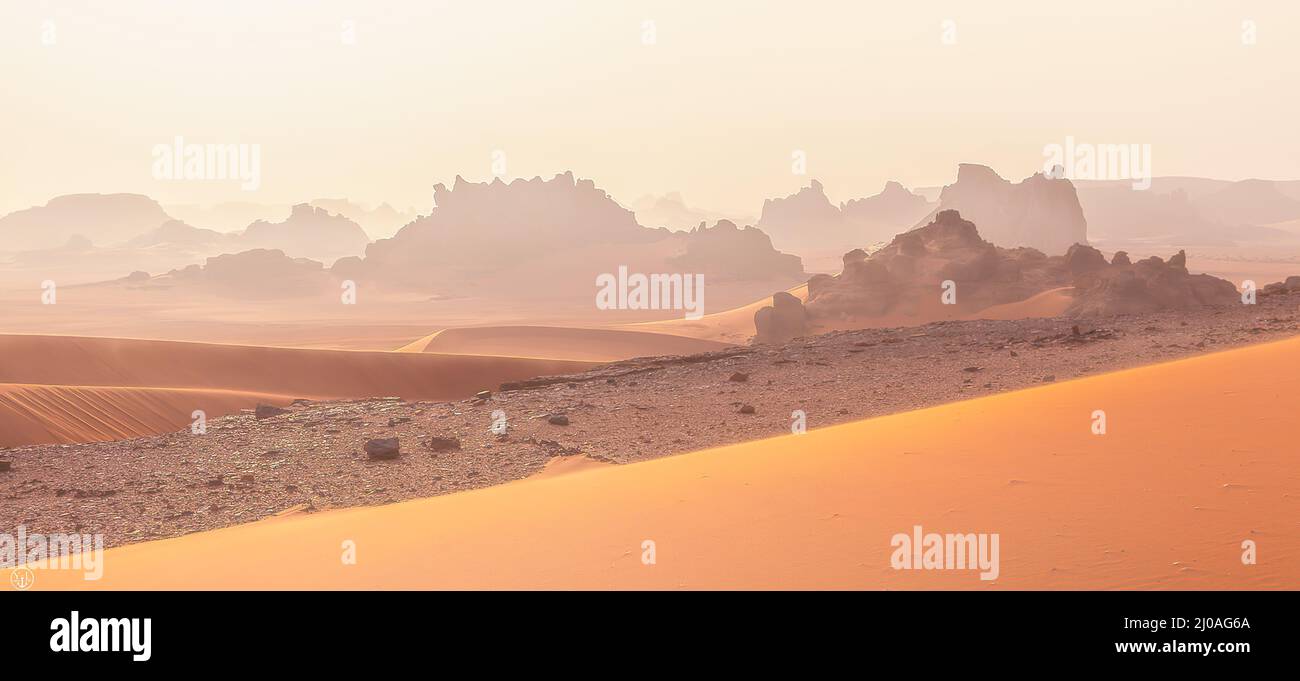 Dust storm in the Tadrart desert in the Southeastern part of Algeria Stock Photo