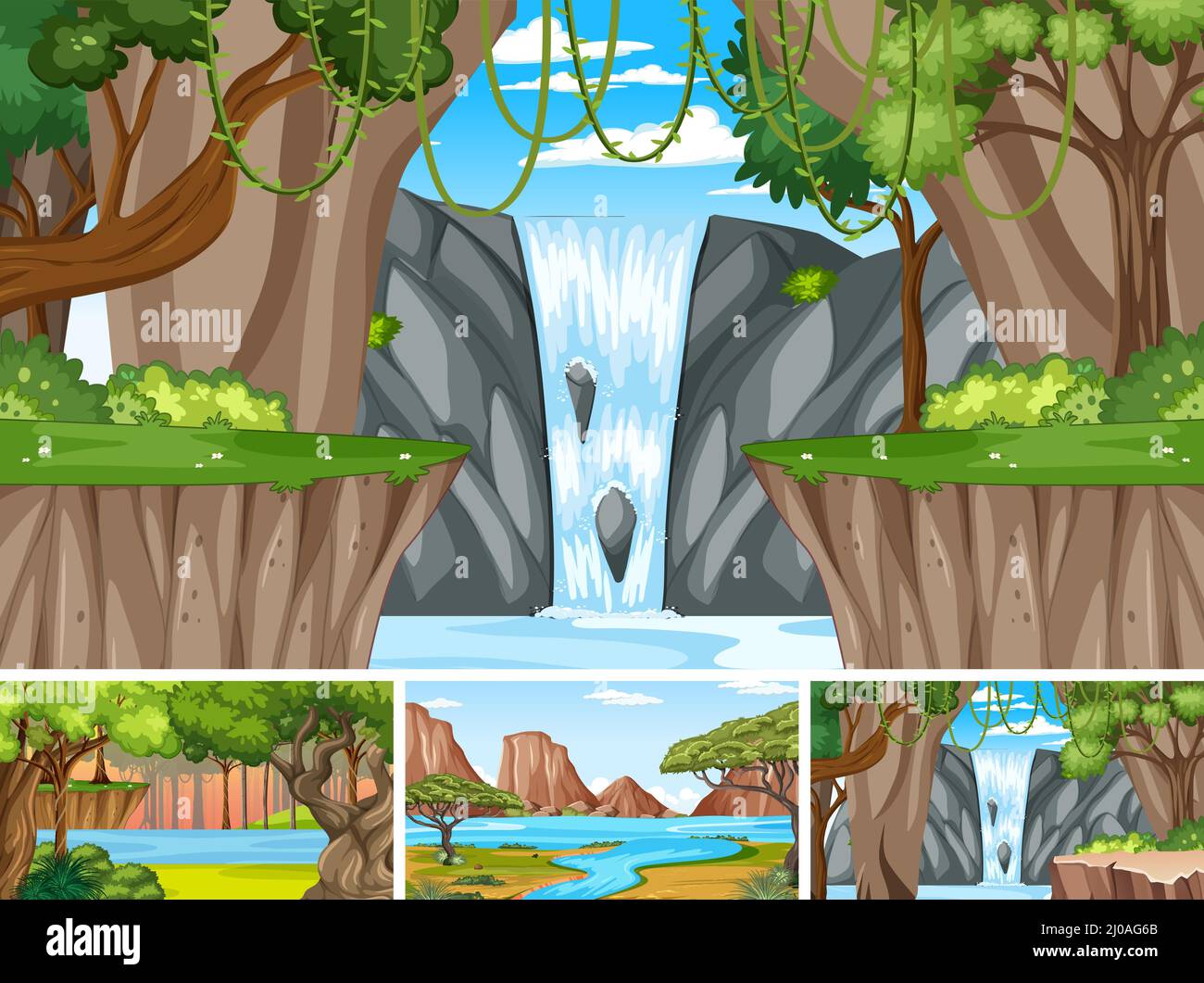Nature scene with many trees and waterfall illustration Stock Vector ...
