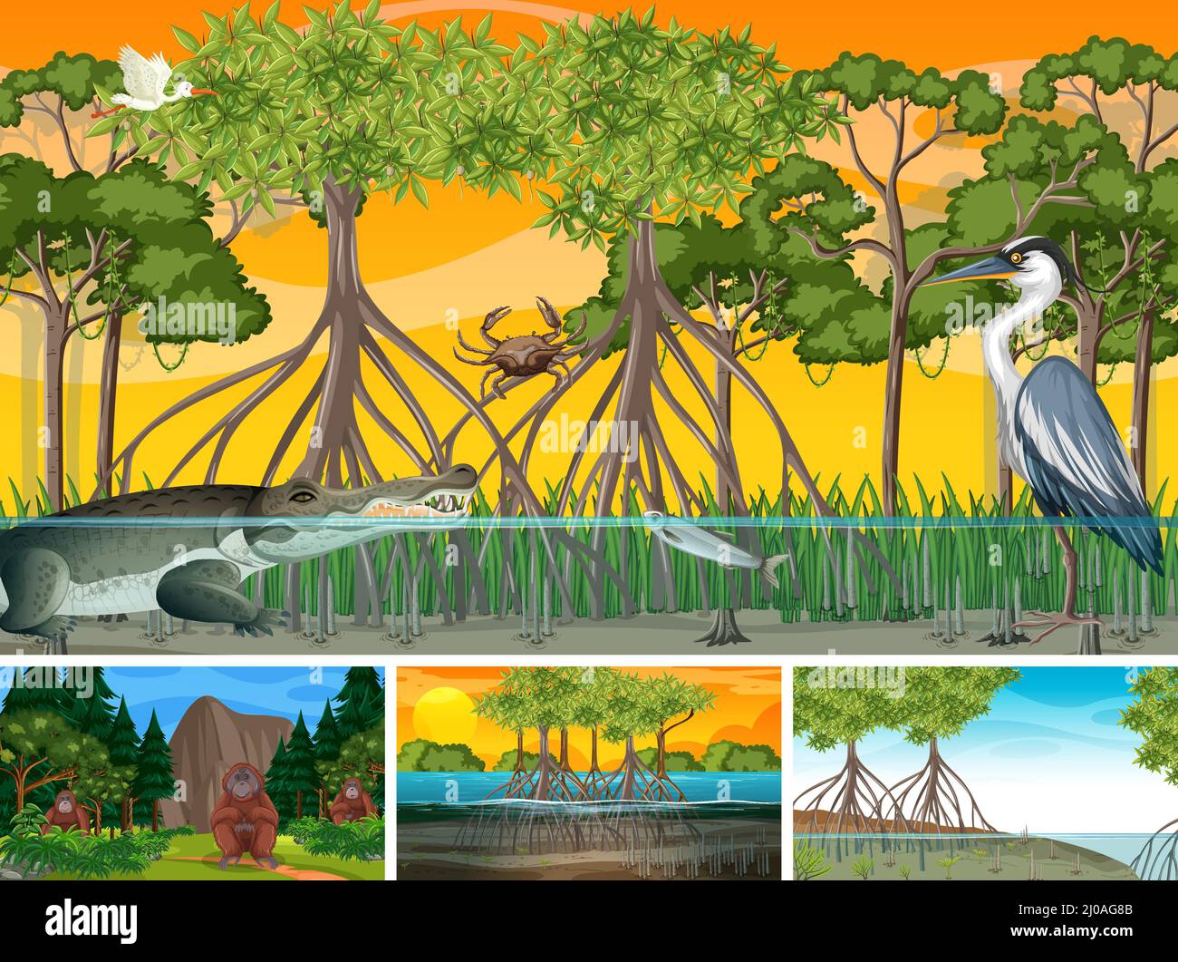 Different forest scenes with wild animals illustration Stock Vector ...