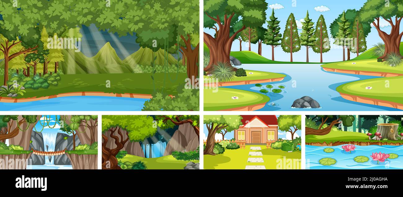 Nature scene with many trees and river illustration Stock Vector Image ...