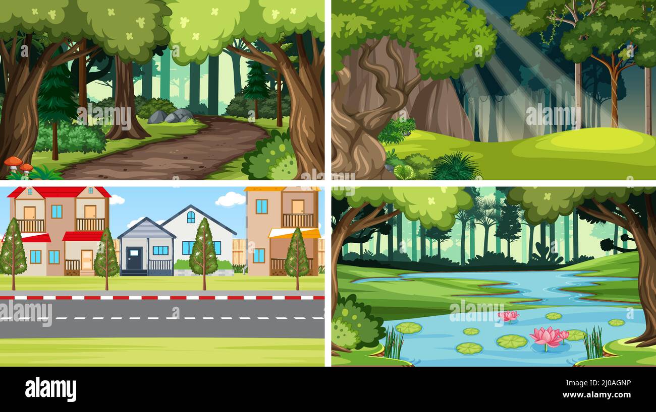 Nature scene with many trees and river illustration Stock Vector Image ...