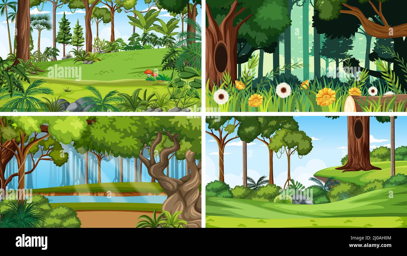 Nature scene with many trees and flowers illustration Stock Vector ...