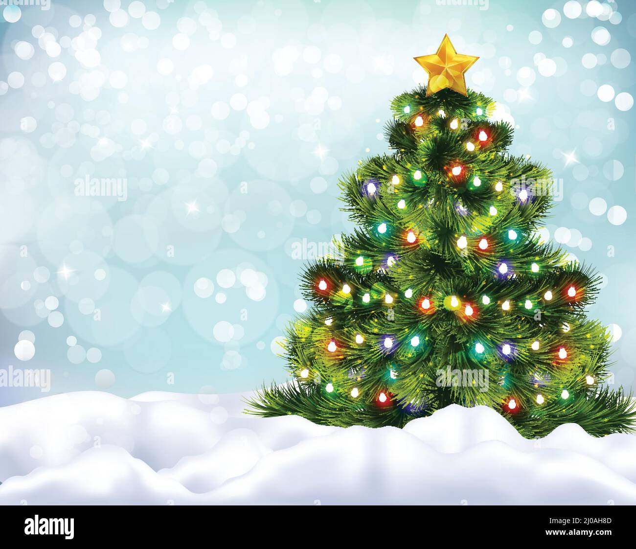 Realistic background with beautiful decorated christmas tree and snow ...