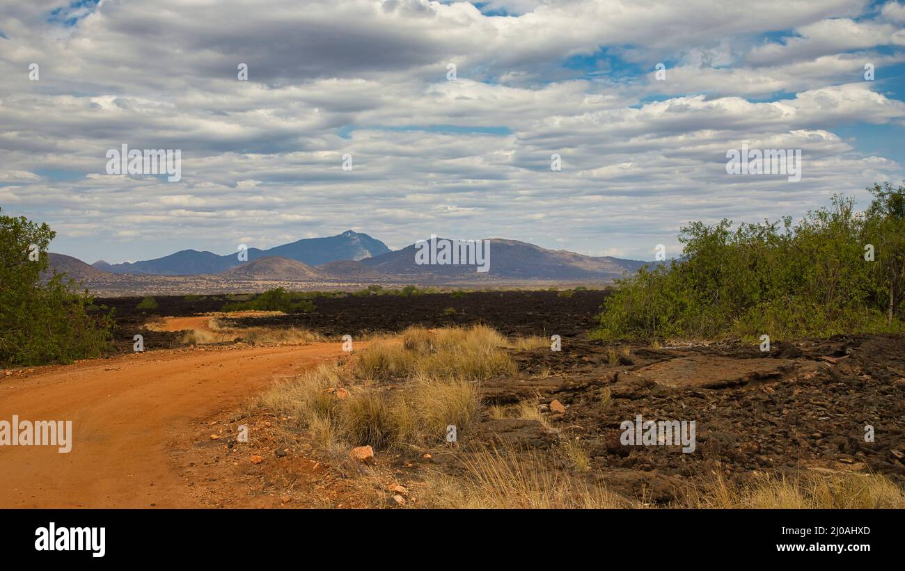 View of the mountains at the Shetani lava flows in Tsavo West. Stock Photo
