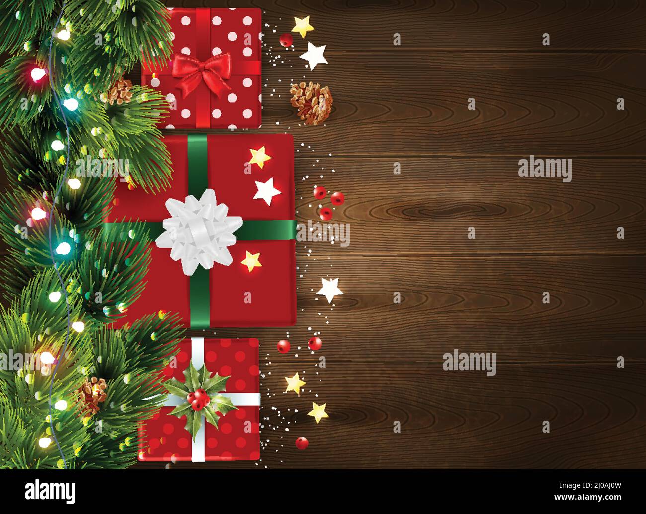 Christmas background with fir tree branches and decorated gift boxes on ...