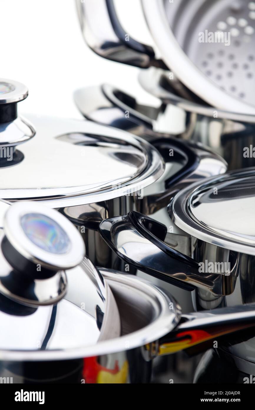 Stainless steel pots Stock Photo Alamy