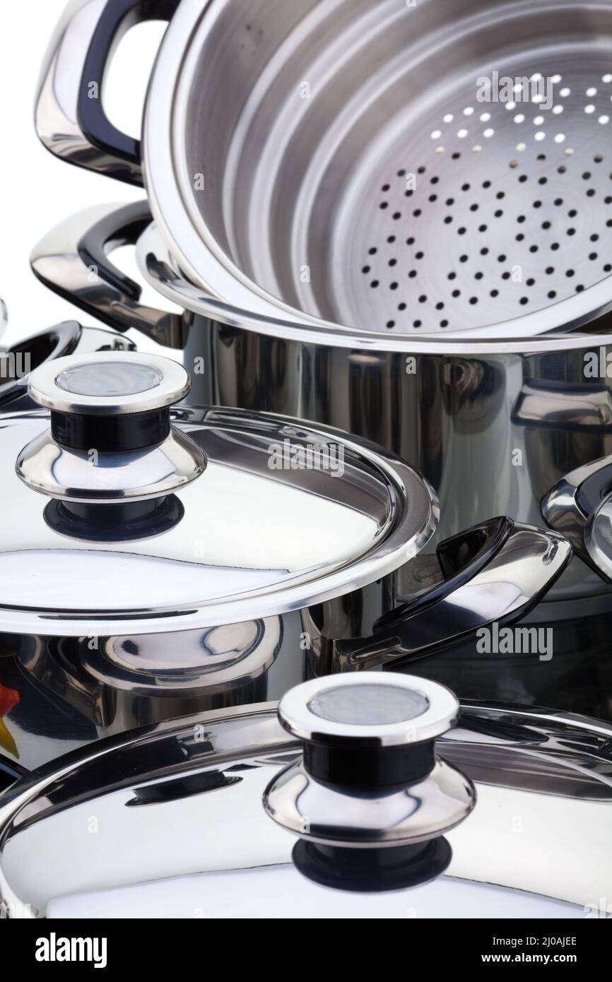 Stainless steel pans Stock Photo Alamy