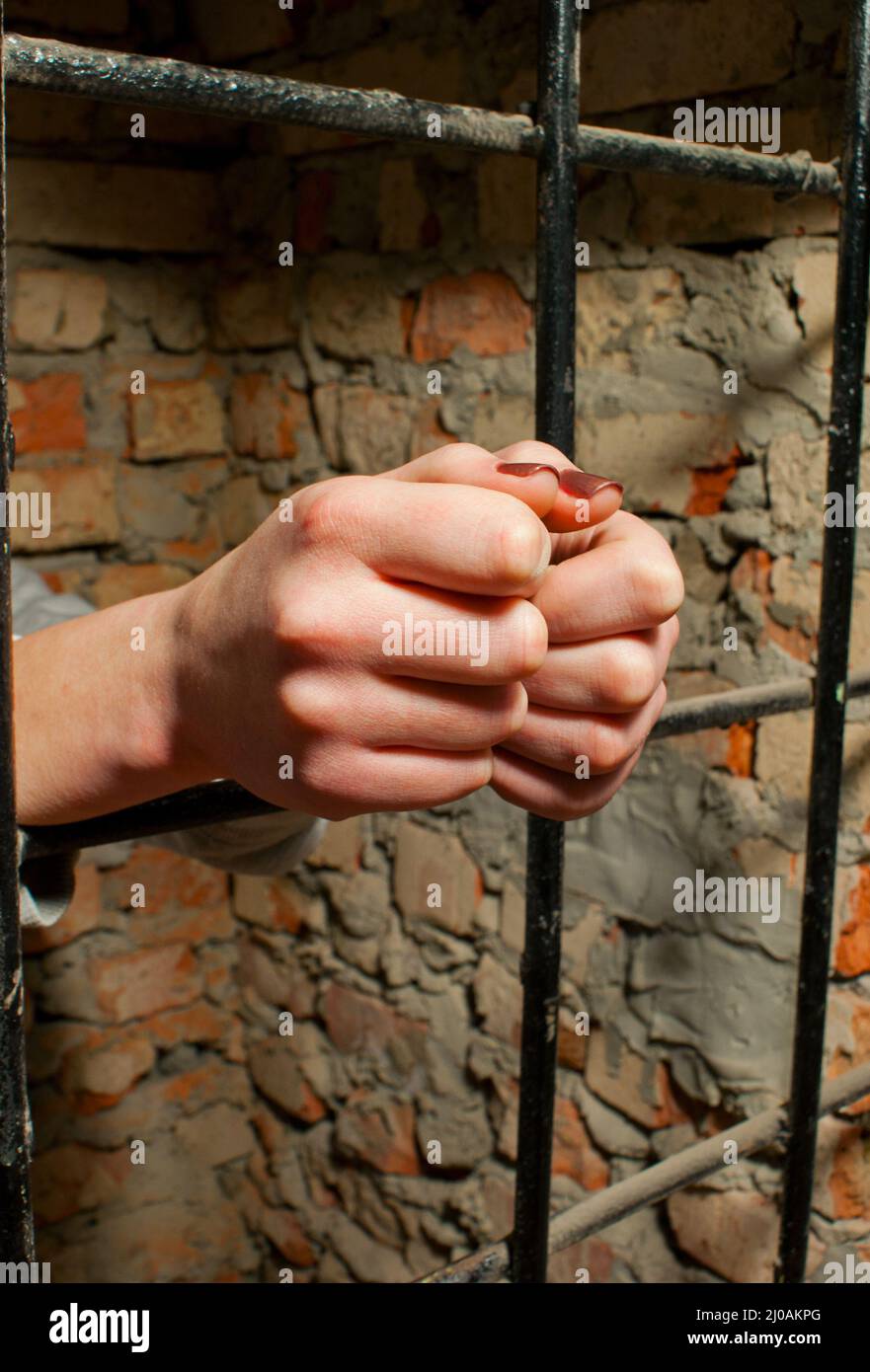 Woman hands behind the bars Stock Photo