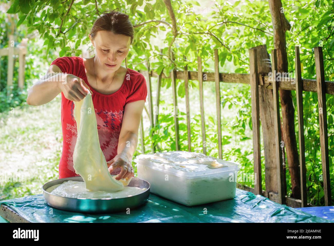 The artisan cheese making, rural craft Stock Photo