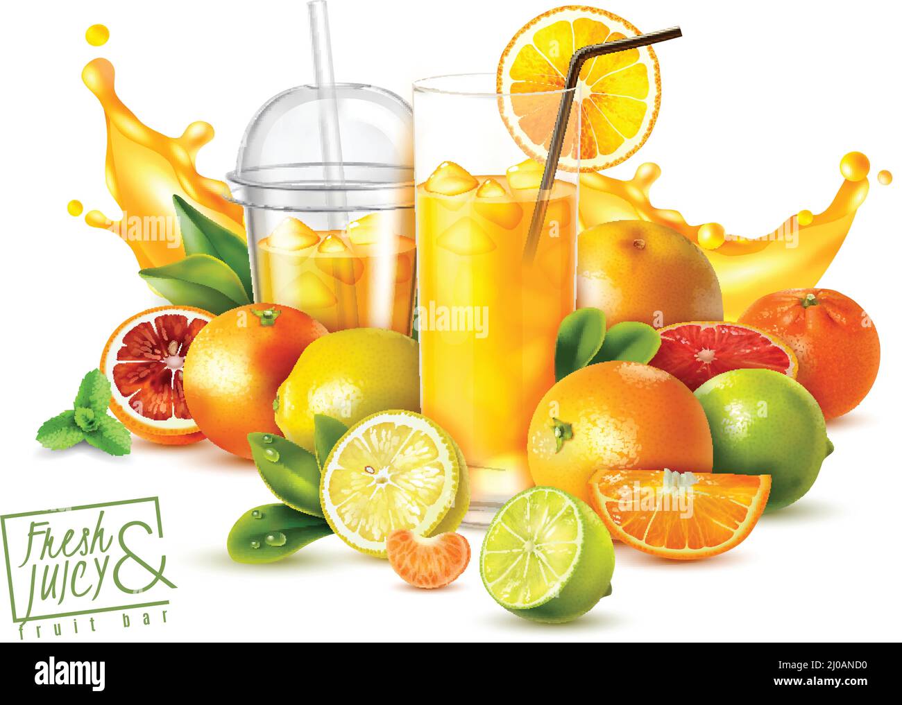 Realistic poster with citrus fruits and glasses of cold fresh juice on