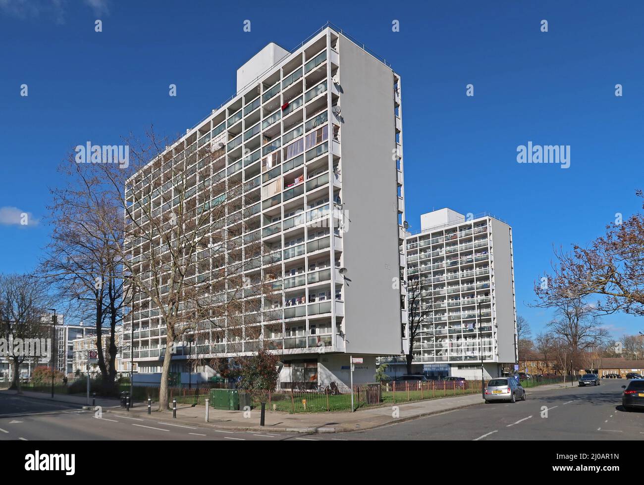 Nevil House and Secker House. Council-owned multi-storey residential blocks at Loughborough Junction, south London Stock Photo