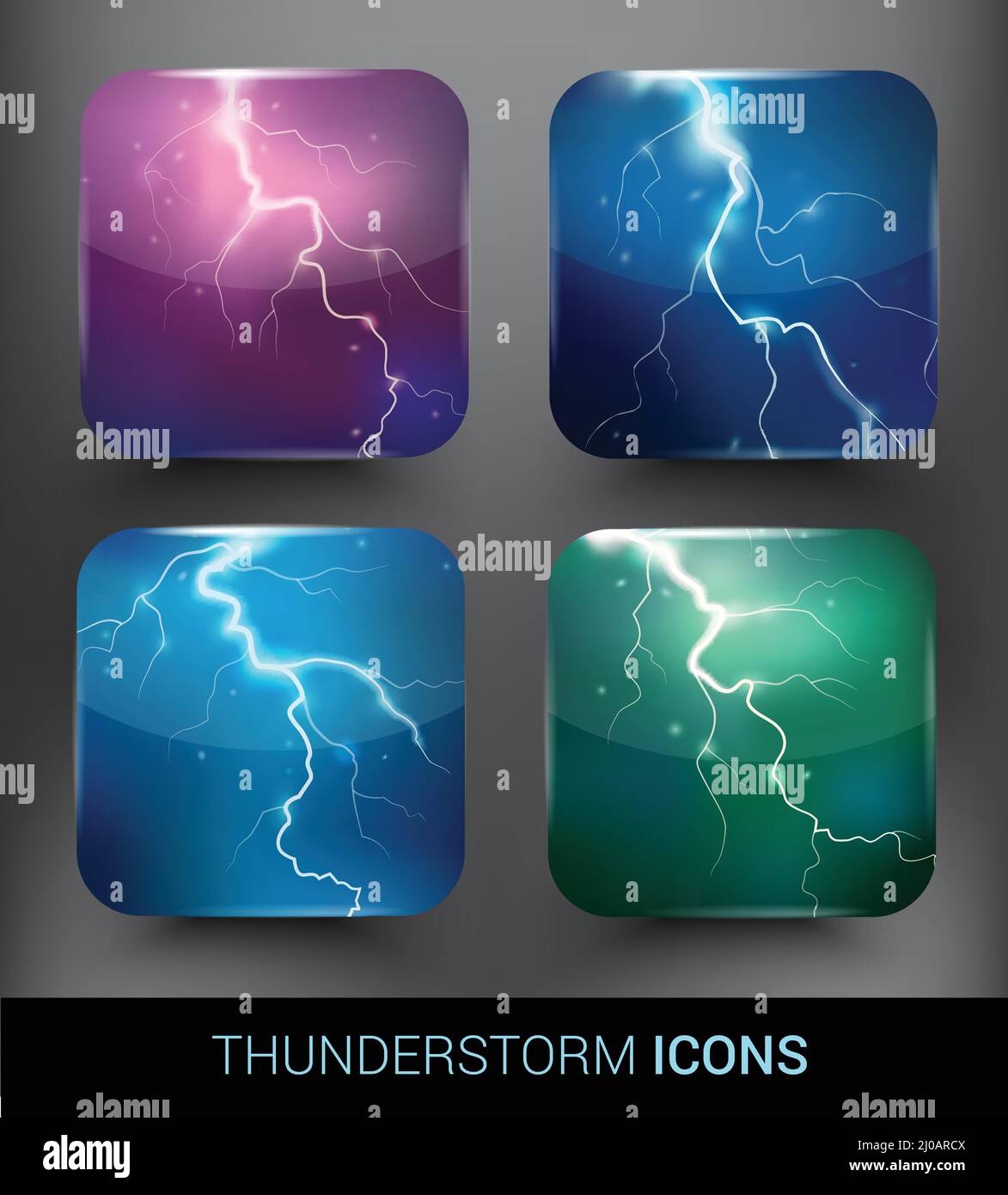 Realistic thunderstorm elements set with bright lightnings on colorful ...