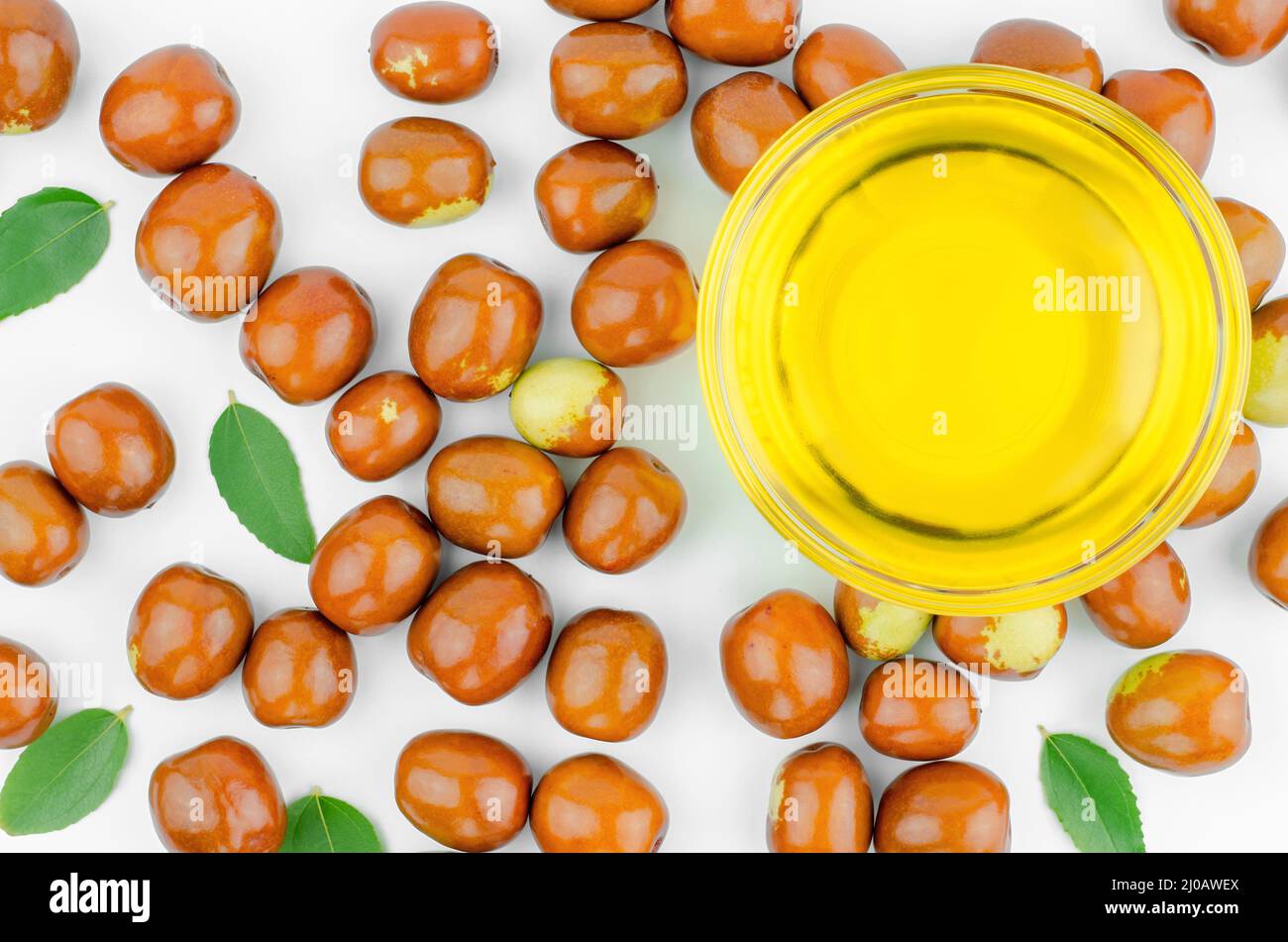 Jojoba oil in a bowl and jojoba fruit on a white background Stock Photo