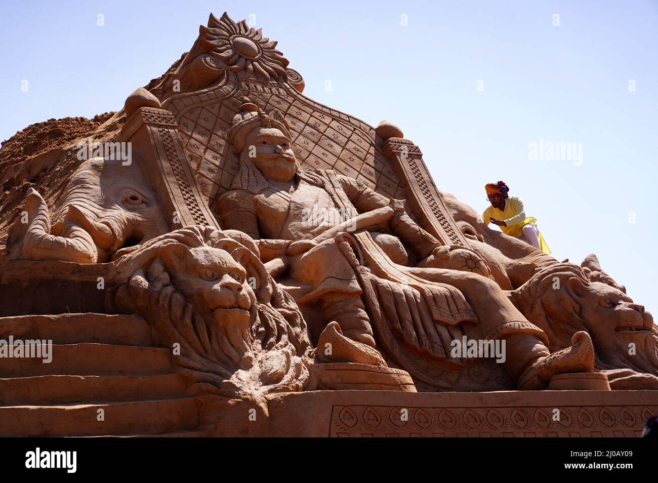 Indian Sand artist Ajay Rawat creates a sand art on Maharana Pratap to