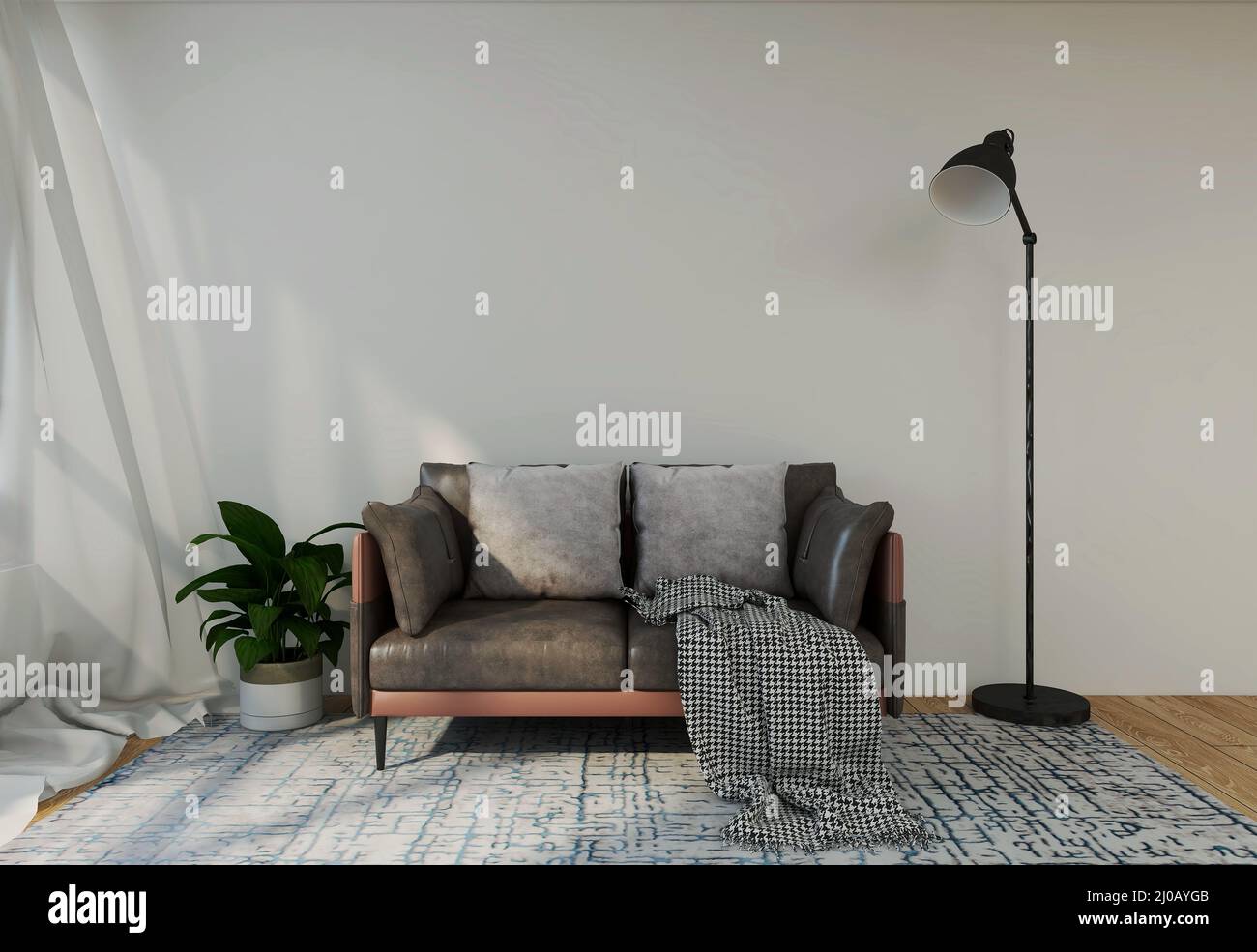 Mockup room with brown sofa, gray pillow, and blanket, plant, stainless