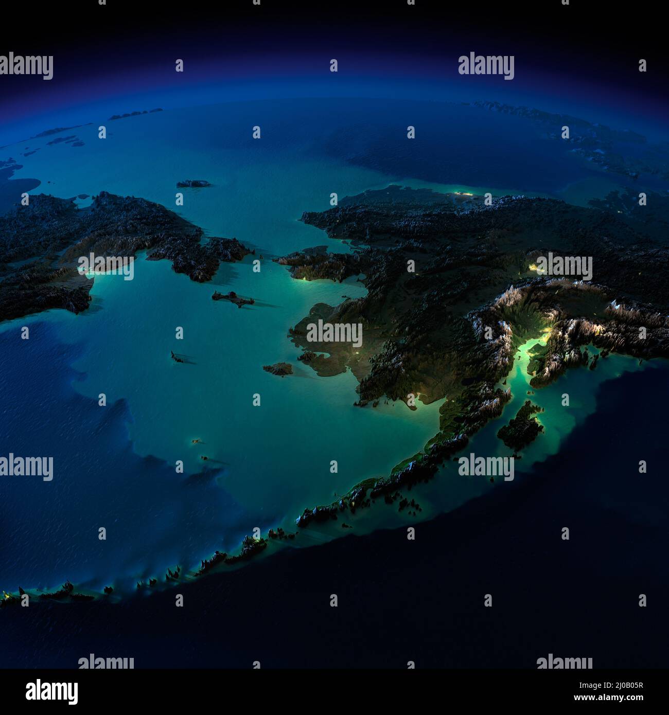 Night Earth. Alaska and the Bering Strait Stock Photo
