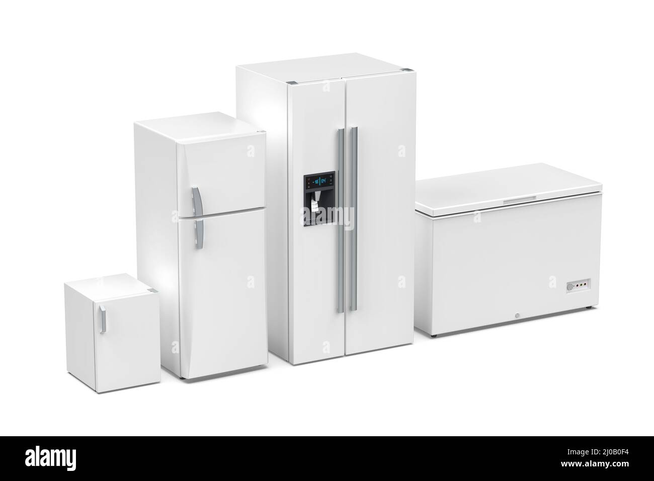 Group of four different refrigerators on white background Stock Photo