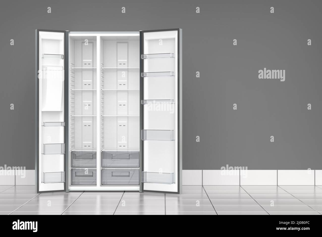 Empty big refrigerator in the kitchen, front view Stock Photo