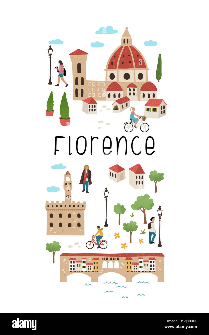 Lovely hand drawn map of Florence, Italy. Illustrated sights and cute decoration. Great for textiles, cards, tourist guides, souvenirs - vector design Stock Photo