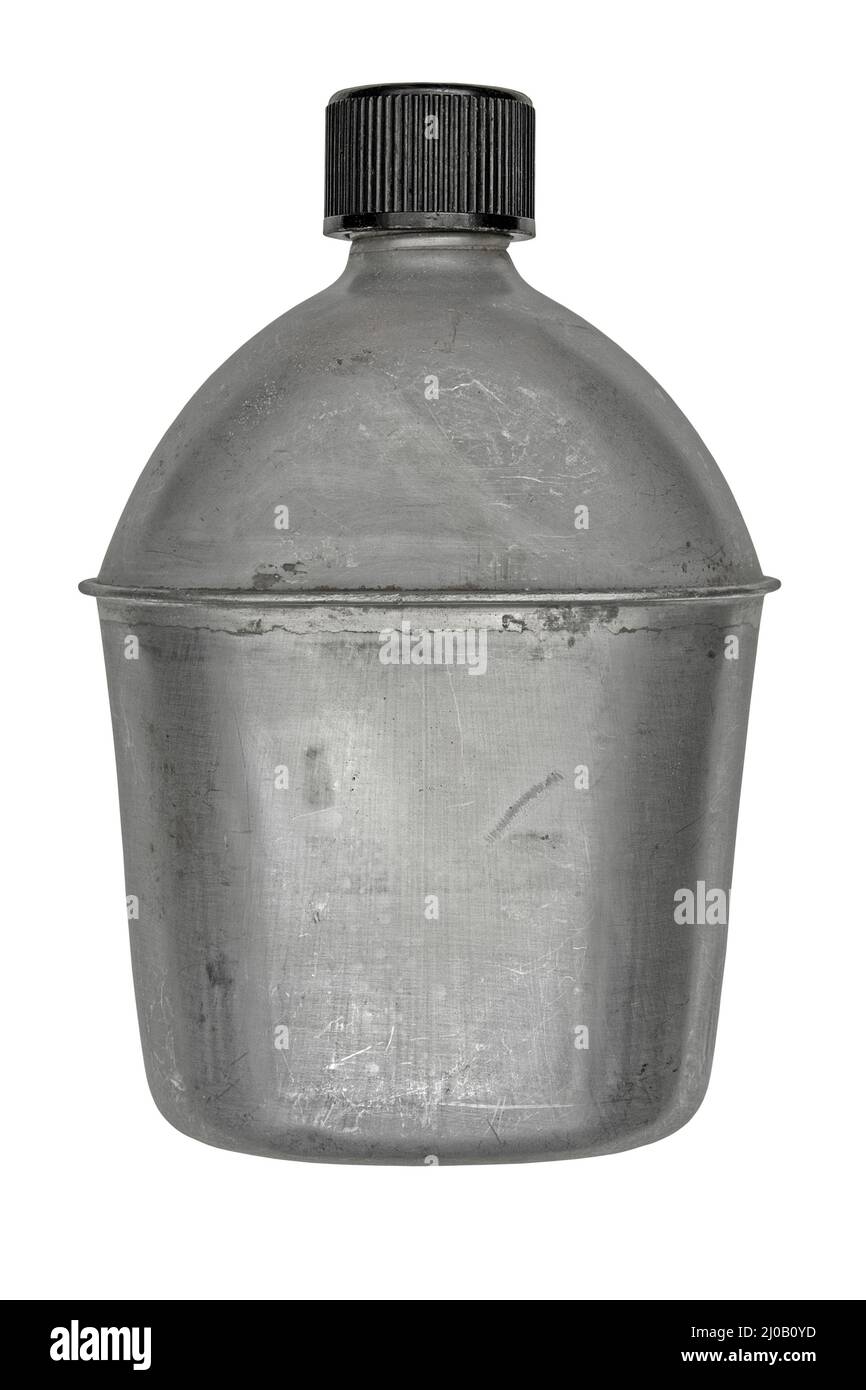 Memorabilia Vintage French WWI 1910 steel painted flask water bottle with leather buckle strap