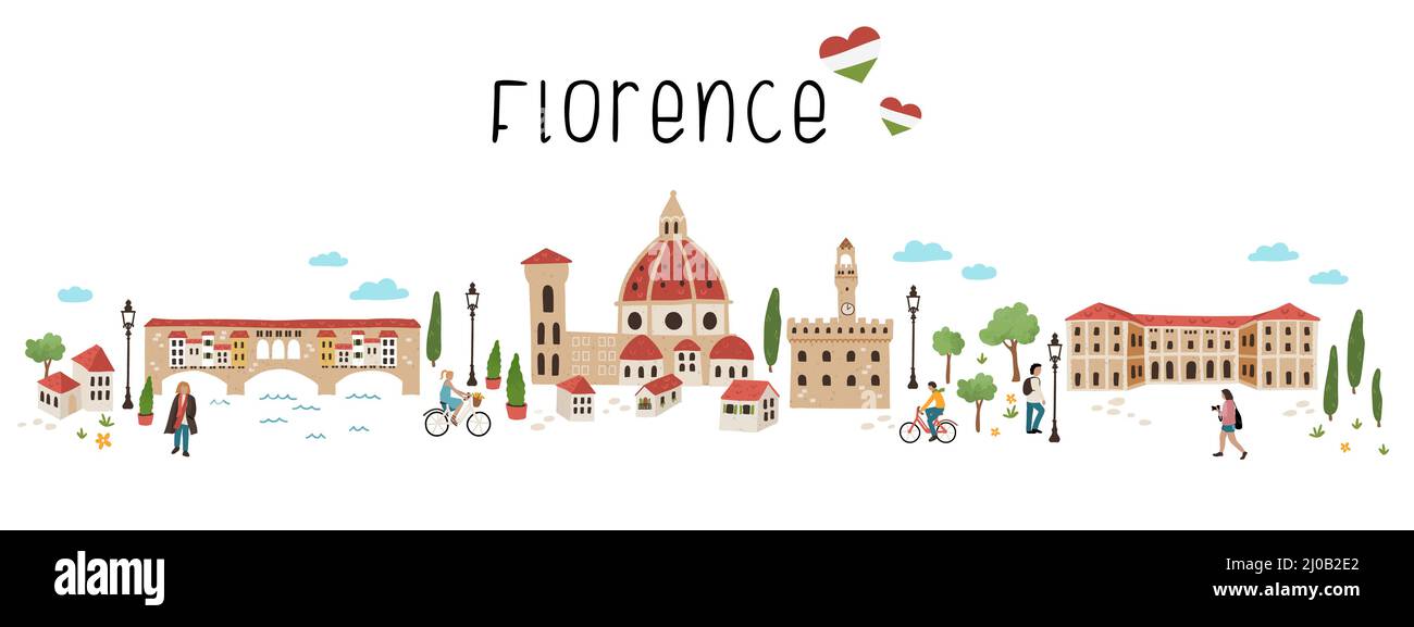 Lovely hand drawn map of Florence, Italy. Illustrated sights and cute decoration. Great for textiles, cards, tourist guides, souvenirs - vector design Stock Vector