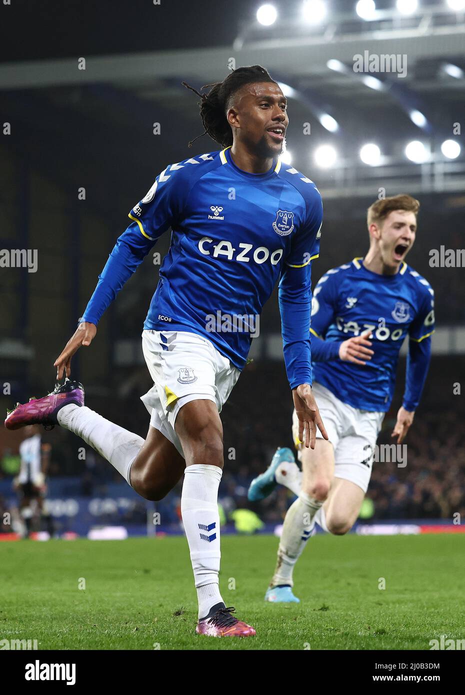 Liverpool, UK. 17th March 2022.  Alex Iwobi of Everton (L) celebrates after scoring the opening goal  during the Premier League match at Goodison Park, Liverpool. Picture credit should read: Darren Staples / Sportimage Credit: Sportimage/Alamy Live News Stock Photo