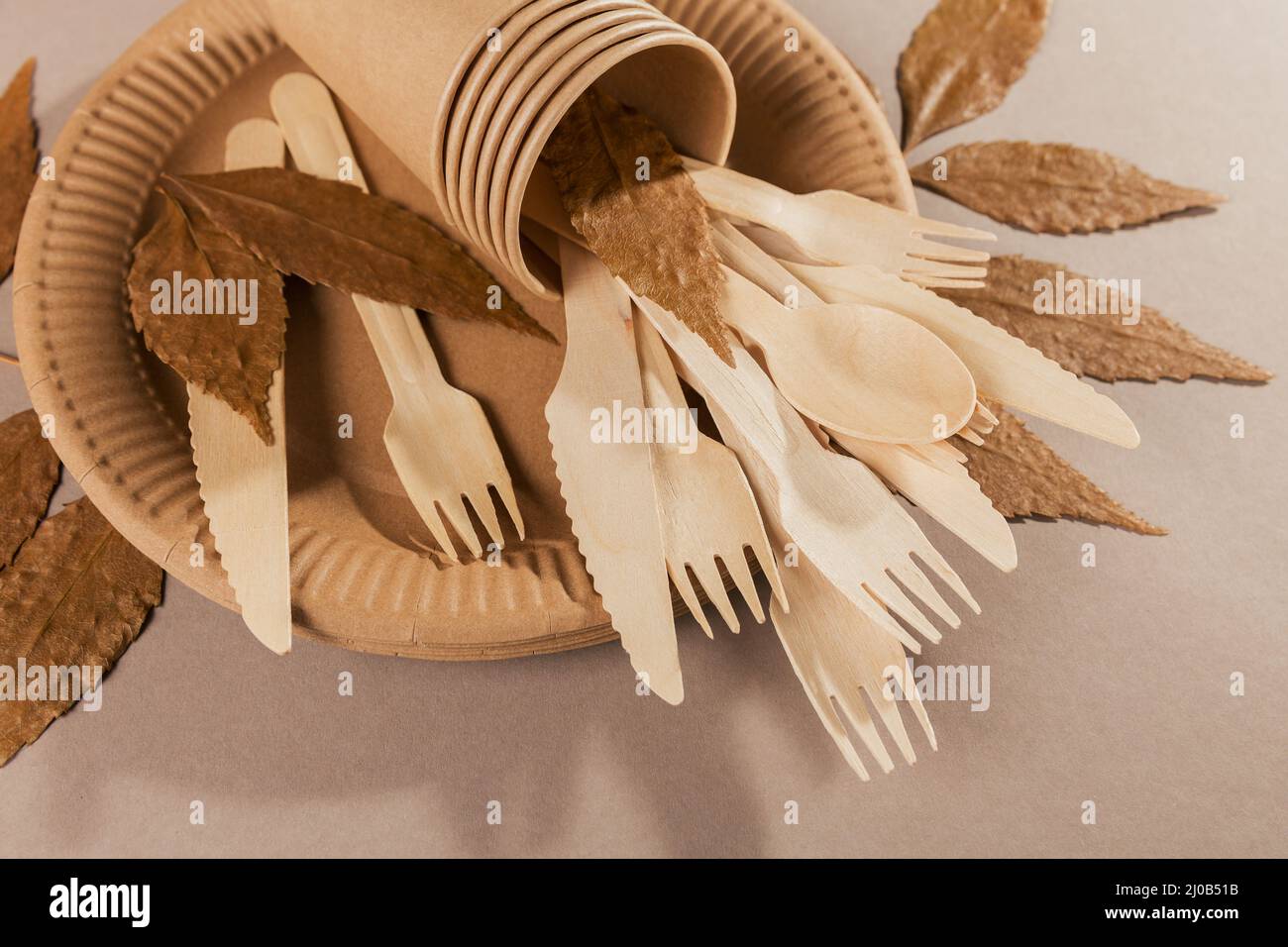 Eco-friendly disposable utensils made of bamboo wood and paper on a light beige background. Fork, knives, plates, paper cups and dry leaves Stock Photo