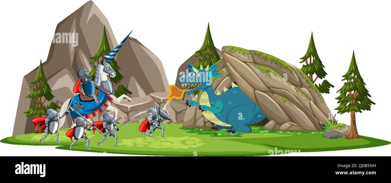 Scene with knight and dragon in fairytale land illustration Stock ...